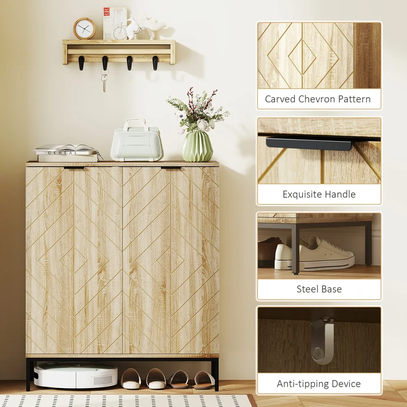Shoe Storage Cabinet for 15 Pairs, Adjustable Shelves, Oak