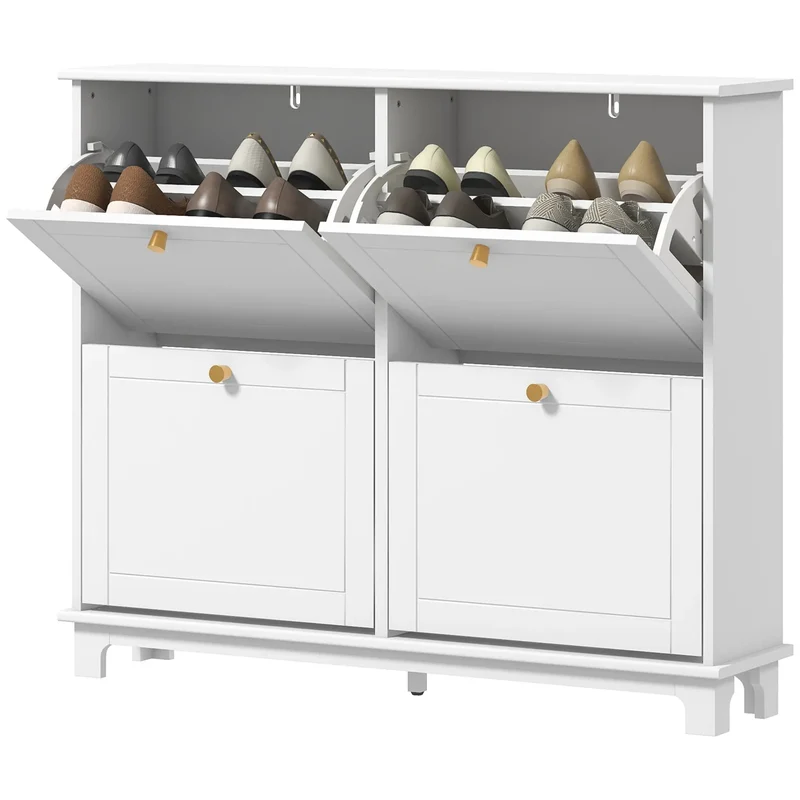 Modern Shoe Storage Cabinet, 4 Flip Drawers, Adjustable Shelves, White