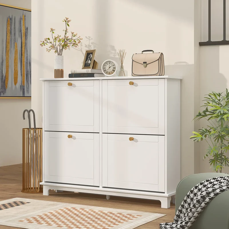 Modern Shoe Storage Cabinet, 4 Flip Drawers, Adjustable Shelves, White