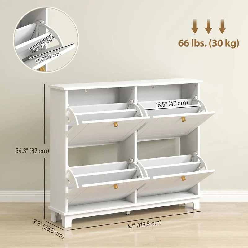 Modern Shoe Storage Cabinet, 4 Flip Drawers, Adjustable Shelves, White