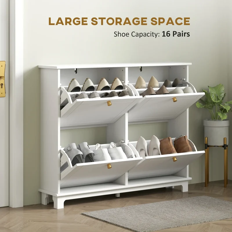 Modern Shoe Storage Cabinet, 4 Flip Drawers, Adjustable Shelves, White