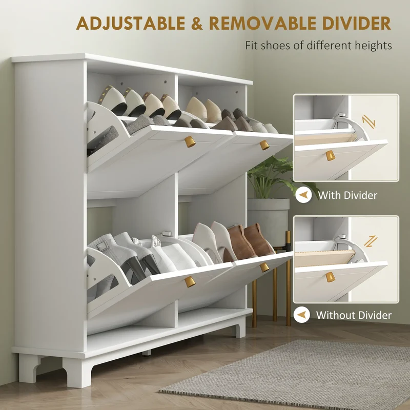 Modern Shoe Storage Cabinet, 4 Flip Drawers, Adjustable Shelves, White