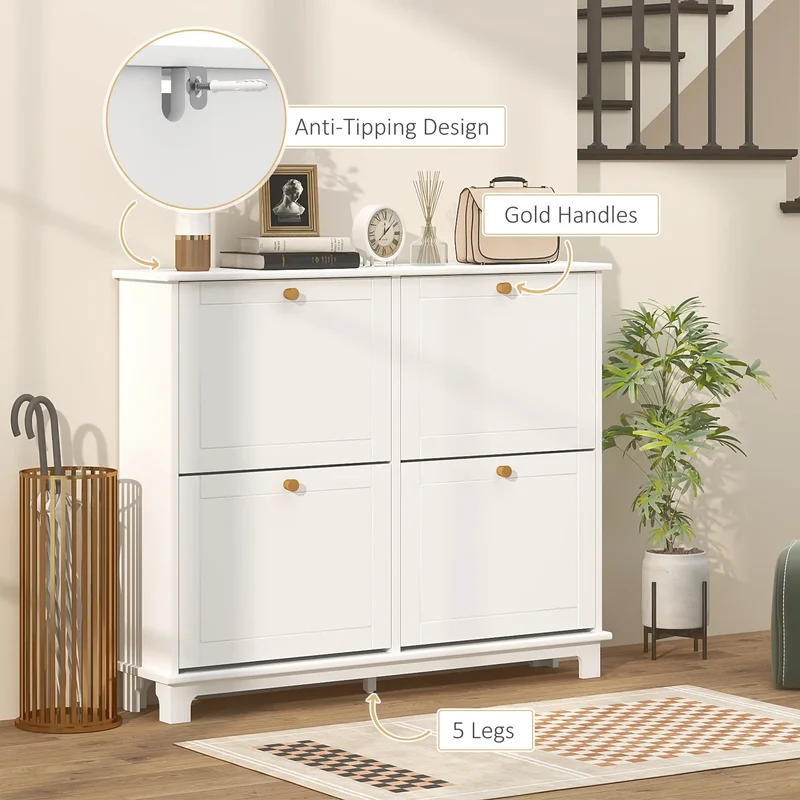Modern Shoe Storage Cabinet, 4 Flip Drawers, Adjustable Shelves, White