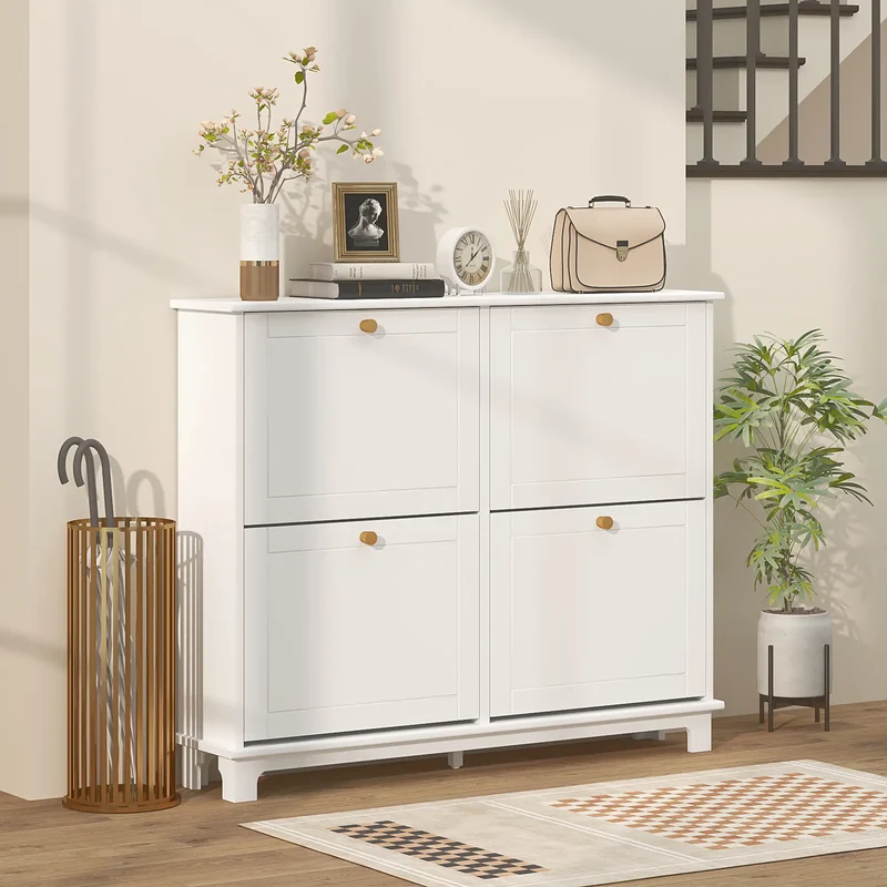 Modern Shoe Storage Cabinet, 4 Flip Drawers, Adjustable Shelves, White