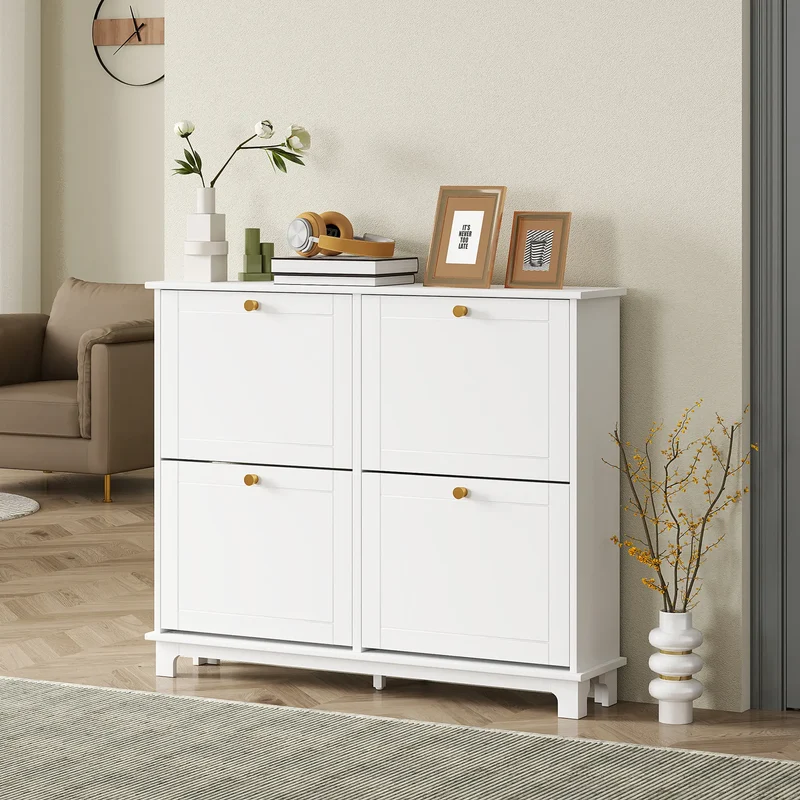Modern Shoe Storage Cabinet, 4 Flip Drawers, Adjustable Shelves, White