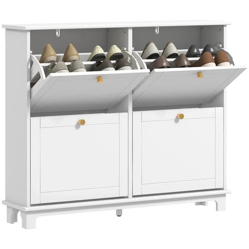 Modern Shoe Storage Cabinet, 4 Flip Drawers, Adjustable Shelves, White
