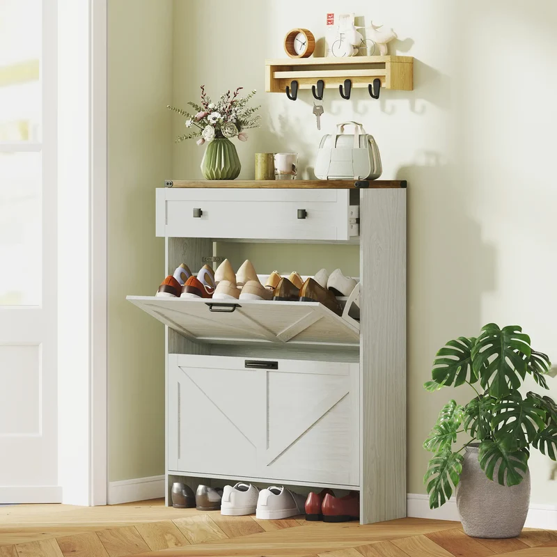 Narrow Shoe Storage Cabinet, 2 Flip Drawers, 1 Drawer, 12 Pairs, White