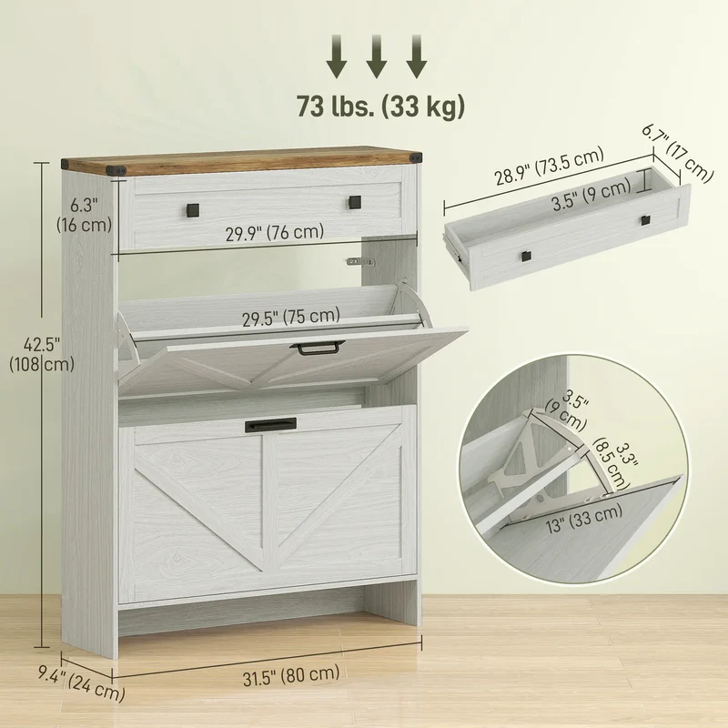 Narrow Shoe Storage Cabinet, 2 Flip Drawers, 1 Drawer, 12 Pairs, White
