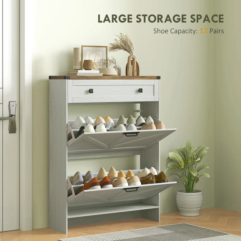 Narrow Shoe Storage Cabinet, 2 Flip Drawers, 1 Drawer, 12 Pairs, White