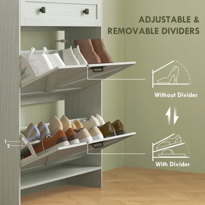 Narrow Shoe Storage Cabinet, 2 Flip Drawers, 1 Drawer, 12 Pairs, White