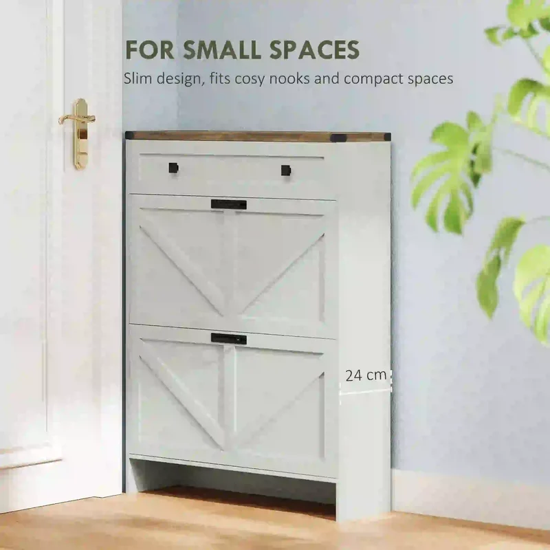 Narrow Shoe Storage Cabinet, 2 Flip Drawers, 1 Drawer, 12 Pairs, White