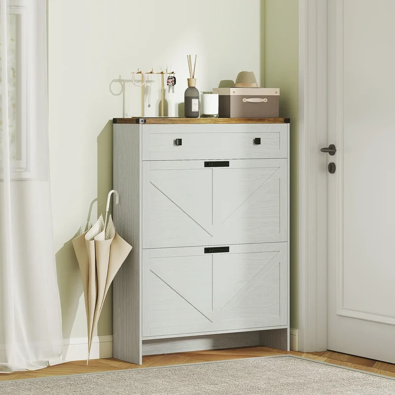 Narrow Shoe Storage Cabinet, 2 Flip Drawers, 1 Drawer, 12 Pairs, White