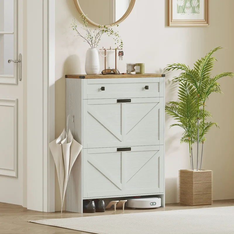 Narrow Shoe Storage Cabinet, 2 Flip Drawers, 1 Drawer, 12 Pairs, White