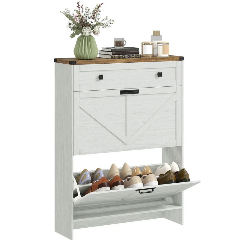 Narrow Shoe Storage Cabinet, 2 Flip Drawers, 1 Drawer, 12 Pairs, White