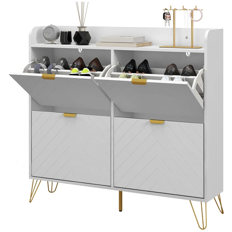 Shoe Storage Cabinet, 4 Flip Drawers, Adjustable Shelf, Holds 16 Pairs, White