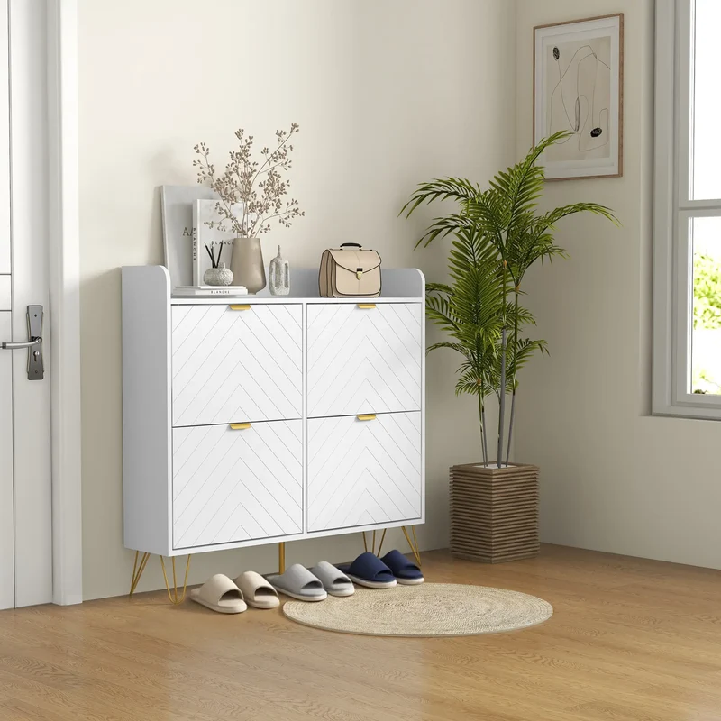Shoe Storage Cabinet, 4 Flip Drawers, Adjustable Shelf, Holds 16 Pairs, White