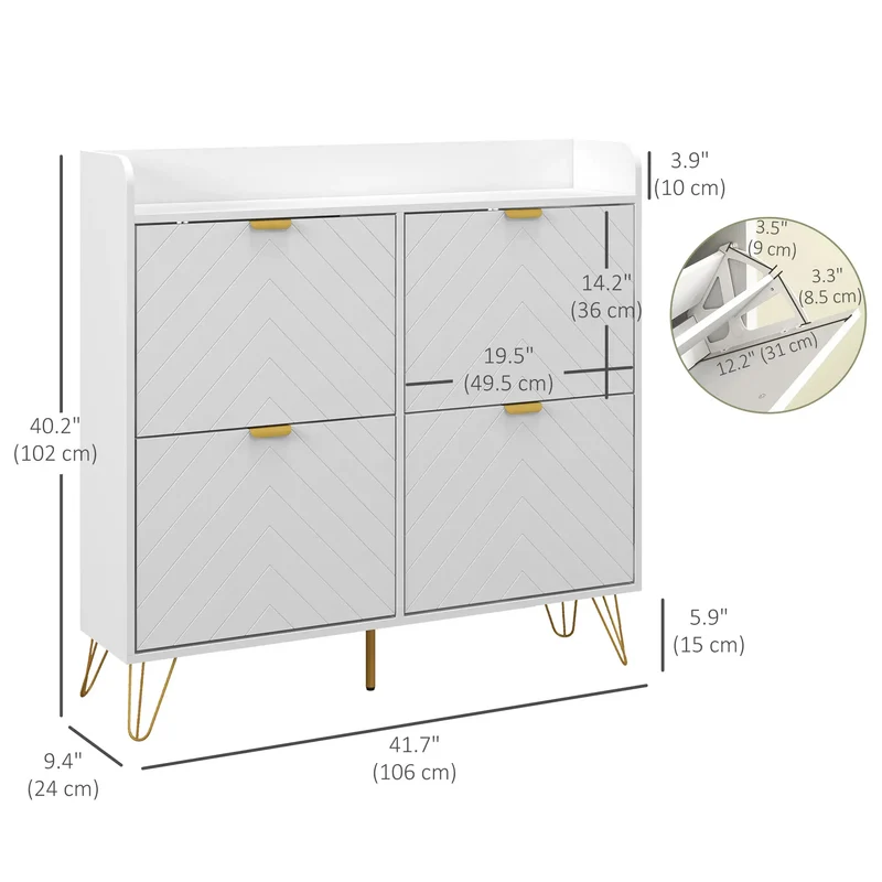 Shoe Storage Cabinet, 4 Flip Drawers, Adjustable Shelf, Holds 16 Pairs, White