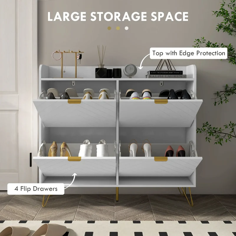 Shoe Storage Cabinet, 4 Flip Drawers, Adjustable Shelf, Holds 16 Pairs, White