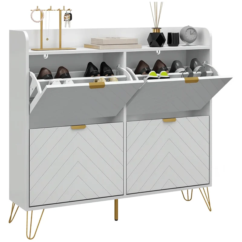 Shoe Storage Cabinet, 4 Flip Drawers, Adjustable Shelf, Holds 16 Pairs, White