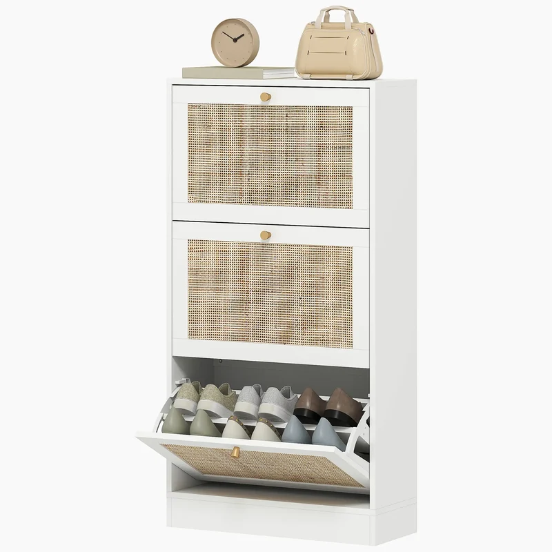 Rattan Shoe Storage Cabinet, 3 Flip Drawers, Adjustable Shelves, 18 Pairs, White