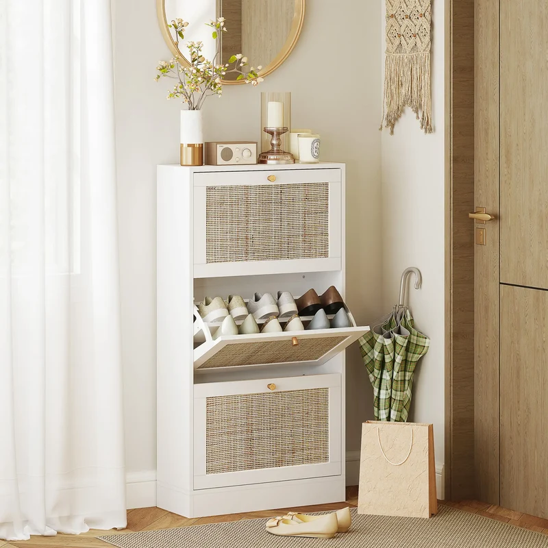 Rattan Shoe Storage Cabinet, 3 Flip Drawers, Adjustable Shelves, 18 Pairs, White