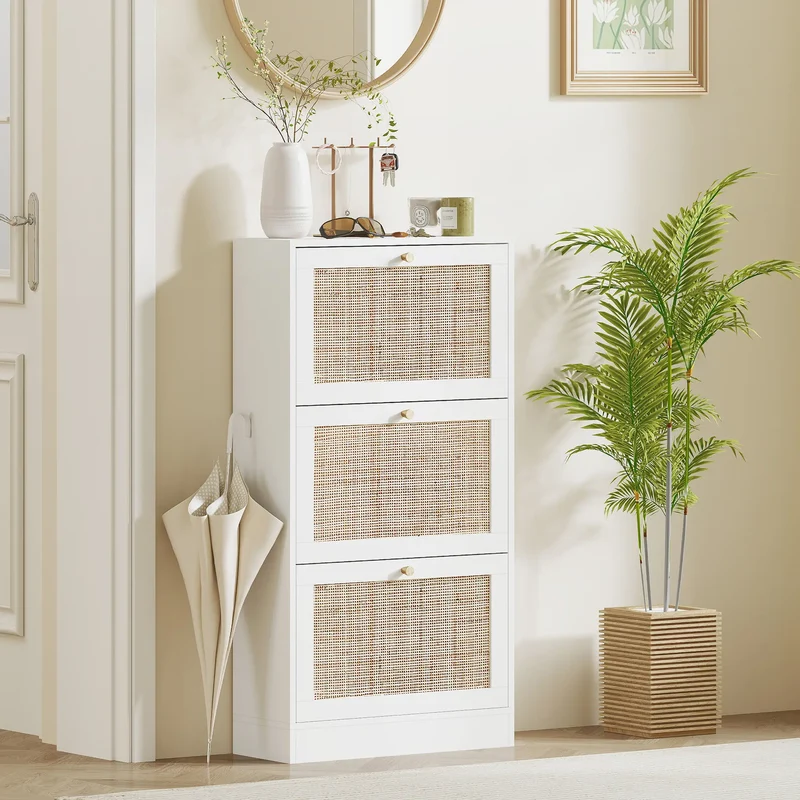 Rattan Shoe Storage Cabinet, 3 Flip Drawers, Adjustable Shelves, 18 Pairs, White