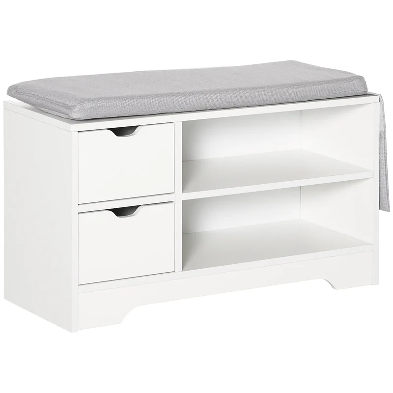 Upholstered Shoe Storage Bench With Seat, Drawer, Open Shelves, White