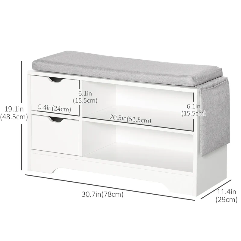 Upholstered Shoe Storage Bench With Seat, Drawer, Open Shelves, White