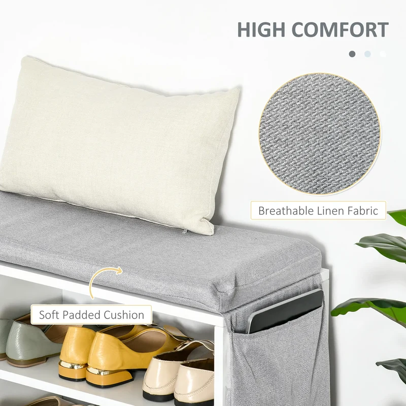 Upholstered Shoe Storage Bench With Seat, Drawer, Open Shelves, White