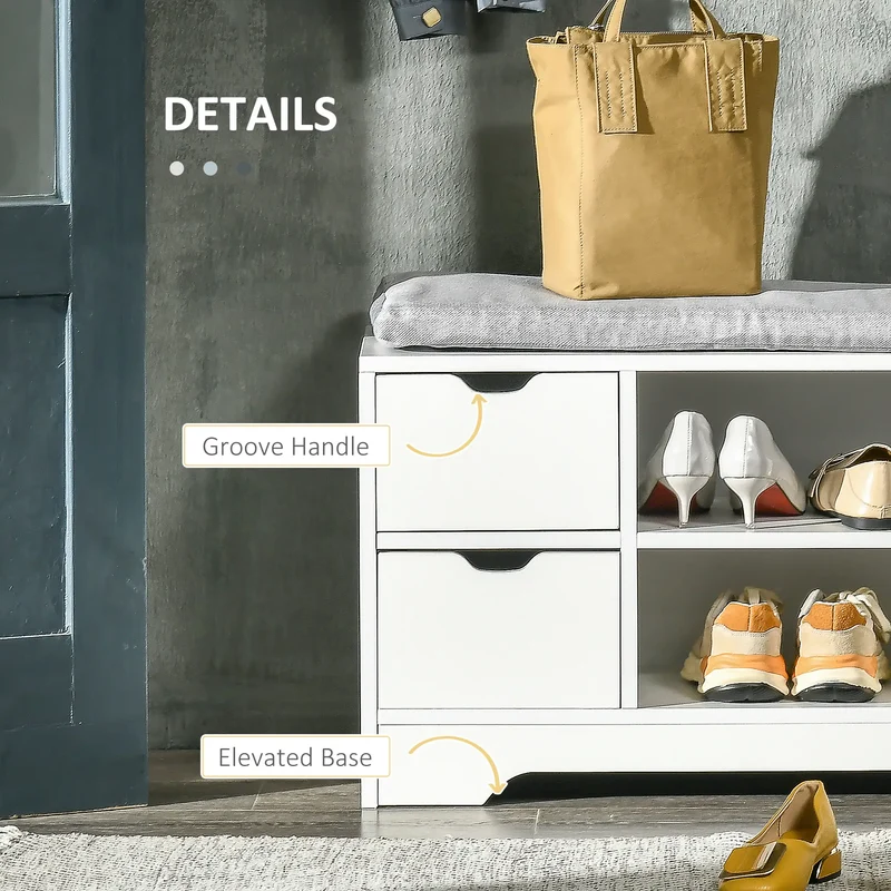 Upholstered Shoe Storage Bench With Seat, Drawer, Open Shelves, White
