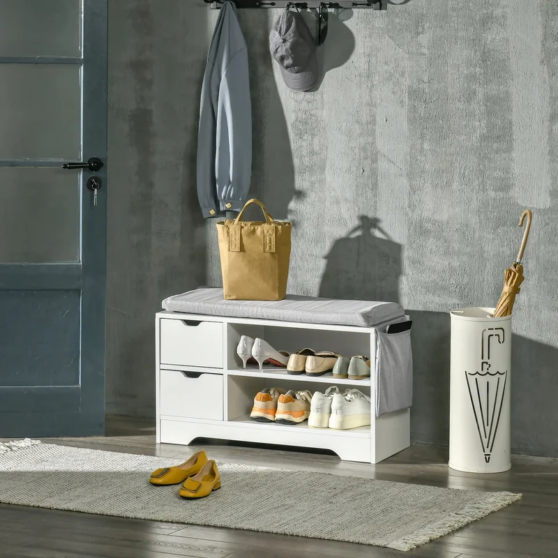 Upholstered Shoe Storage Bench With Seat, Drawer, Open Shelves, White