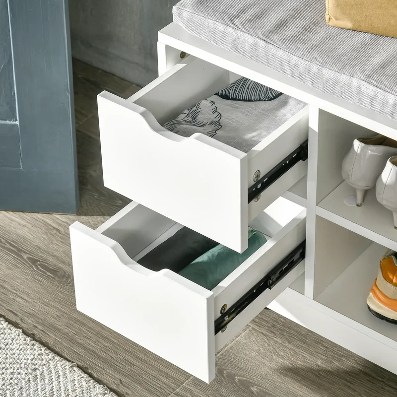 Upholstered Shoe Storage Bench With Seat, Drawer, Open Shelves, White