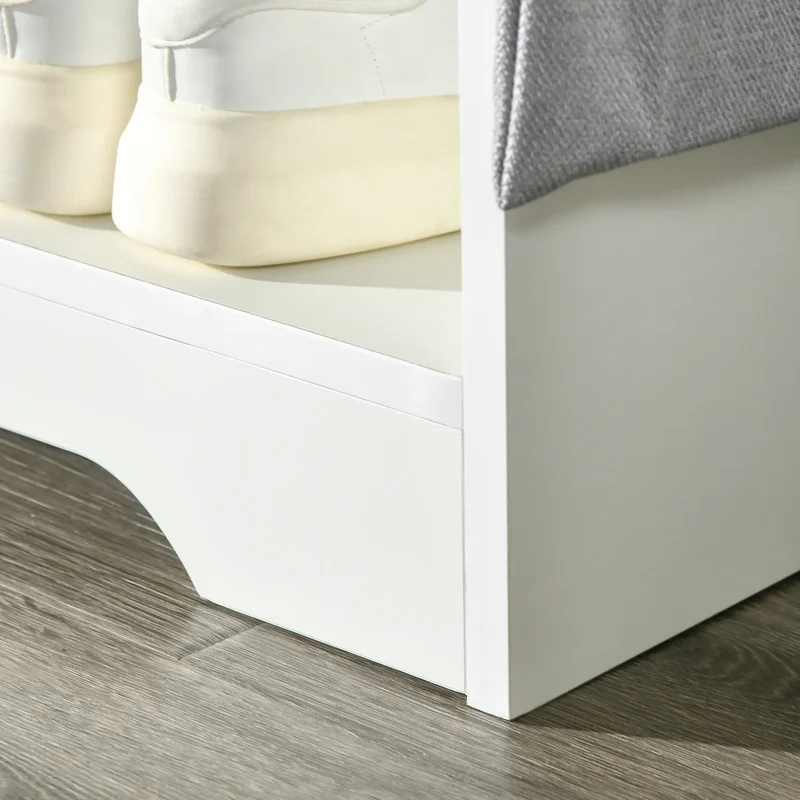 Upholstered Shoe Storage Bench With Seat, Drawer, Open Shelves, White
