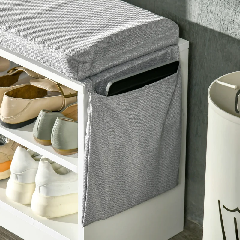 Upholstered Shoe Storage Bench With Seat, Drawer, Open Shelves, White