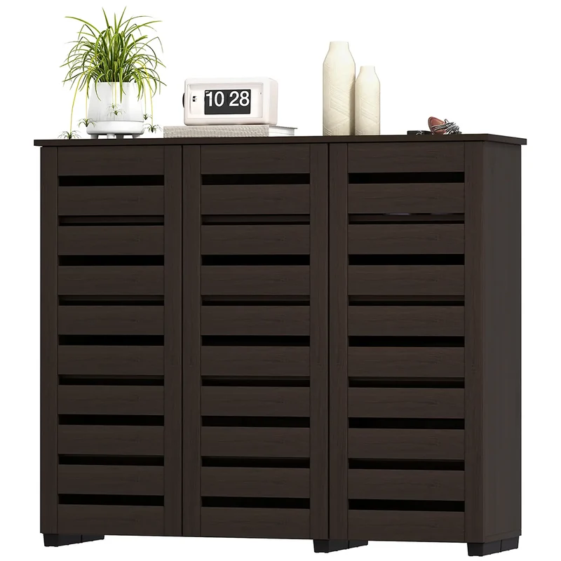 Narrow Shoe Cabinet, Slatted Doors, Adjustable Shelves, 20 Pairs, Dark Brown