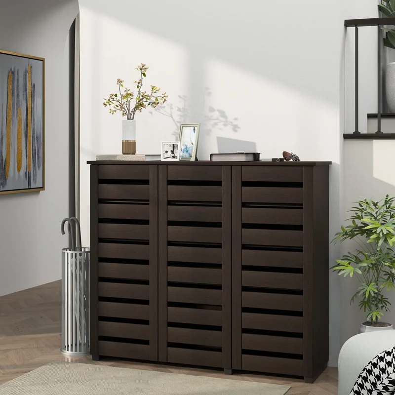 Narrow Shoe Cabinet, Slatted Doors, Adjustable Shelves, 20 Pairs, Dark Brown