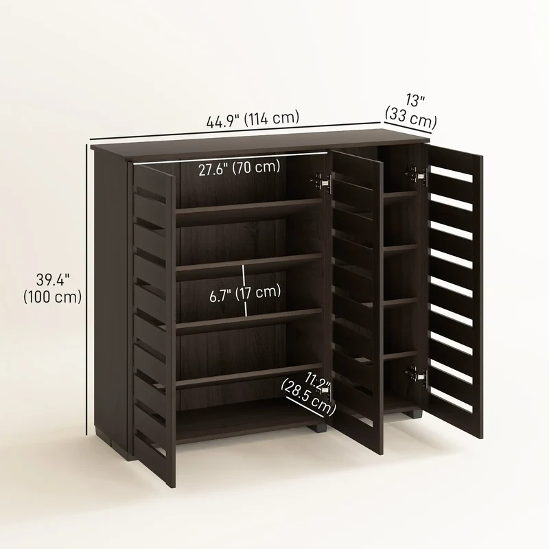 Narrow Shoe Cabinet, Slatted Doors, Adjustable Shelves, 20 Pairs, Dark Brown