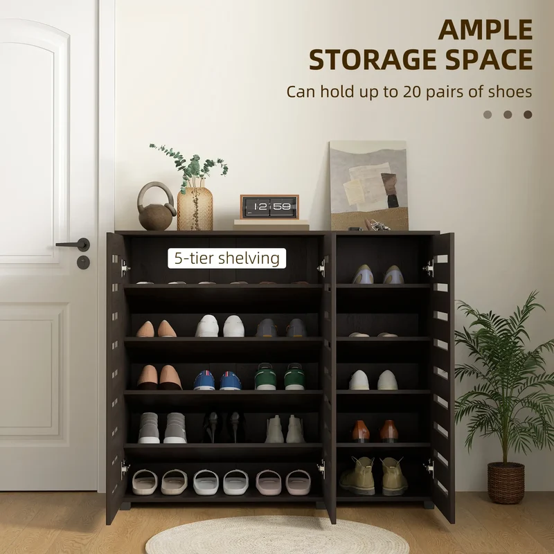 Narrow Shoe Cabinet, Slatted Doors, Adjustable Shelves, 20 Pairs, Dark Brown