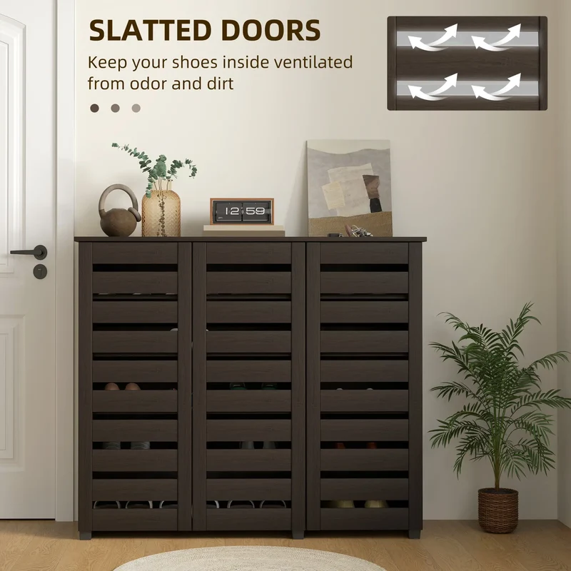 Narrow Shoe Cabinet, Slatted Doors, Adjustable Shelves, 20 Pairs, Dark Brown