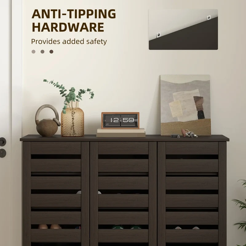 Narrow Shoe Cabinet, Slatted Doors, Adjustable Shelves, 20 Pairs, Dark Brown