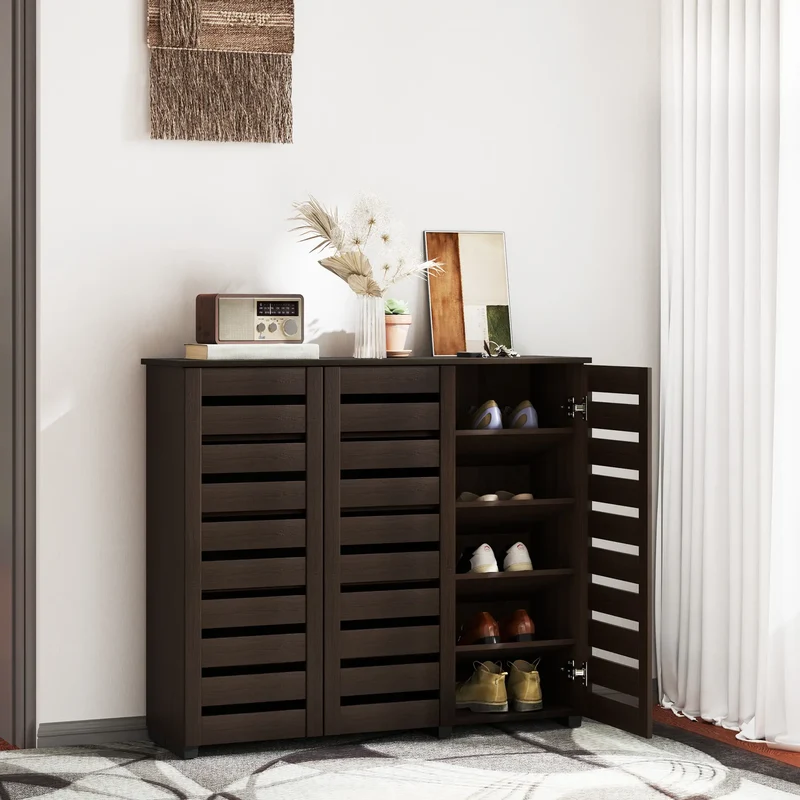 Narrow Shoe Cabinet, Slatted Doors, Adjustable Shelves, 20 Pairs, Dark Brown