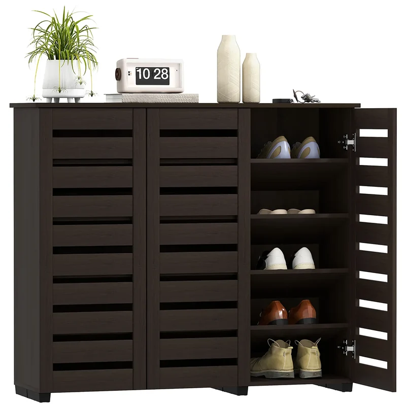 Narrow Shoe Cabinet, Slatted Doors, Adjustable Shelves, 20 Pairs, Dark Brown