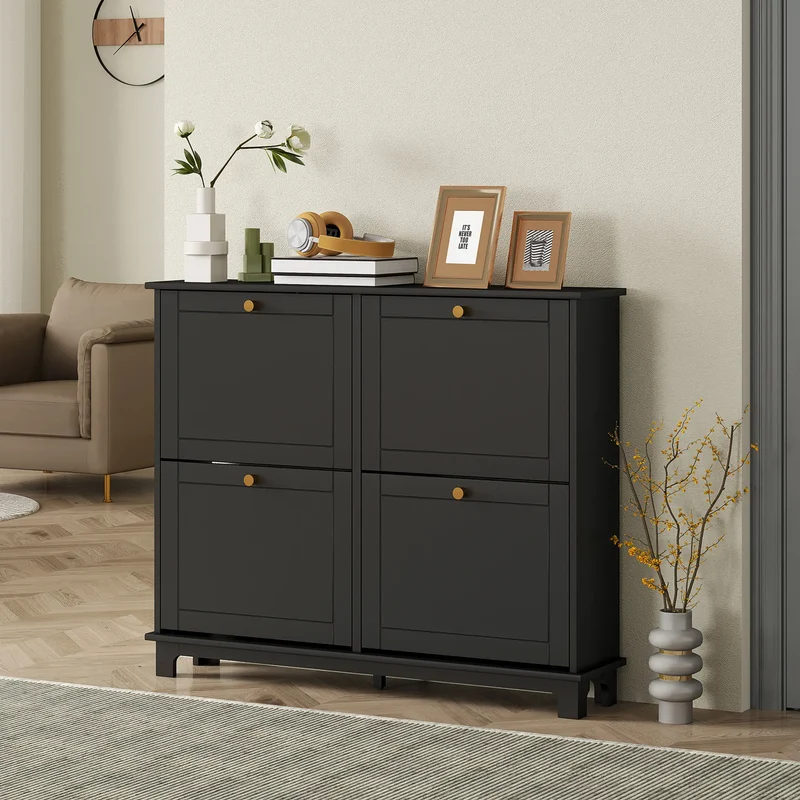 Modern Shoe Storage Cabinet, 4 Flip Drawers, Adjustable Shelves, 5 Legs, Black