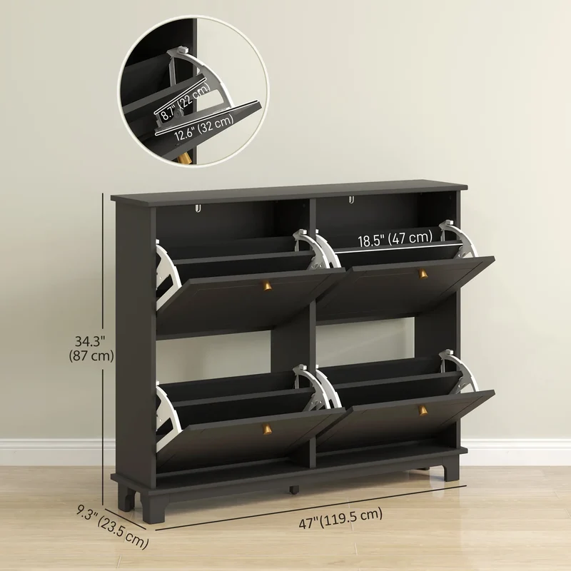Modern Shoe Storage Cabinet, 4 Flip Drawers, Adjustable Shelves, 5 Legs, Black