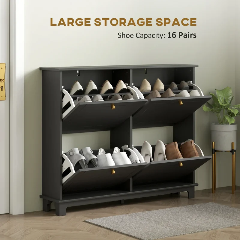 Modern Shoe Storage Cabinet, 4 Flip Drawers, Adjustable Shelves, 5 Legs, Black