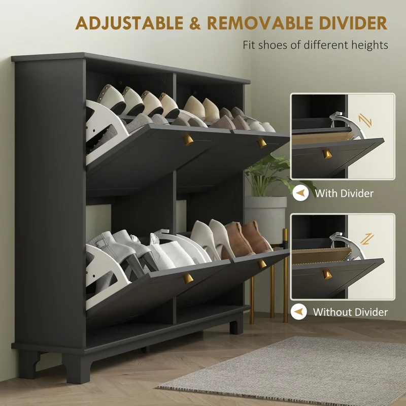Modern Shoe Storage Cabinet, 4 Flip Drawers, Adjustable Shelves, 5 Legs, Black