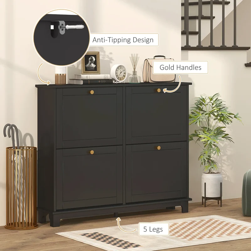 Modern Shoe Storage Cabinet, 4 Flip Drawers, Adjustable Shelves, 5 Legs, Black