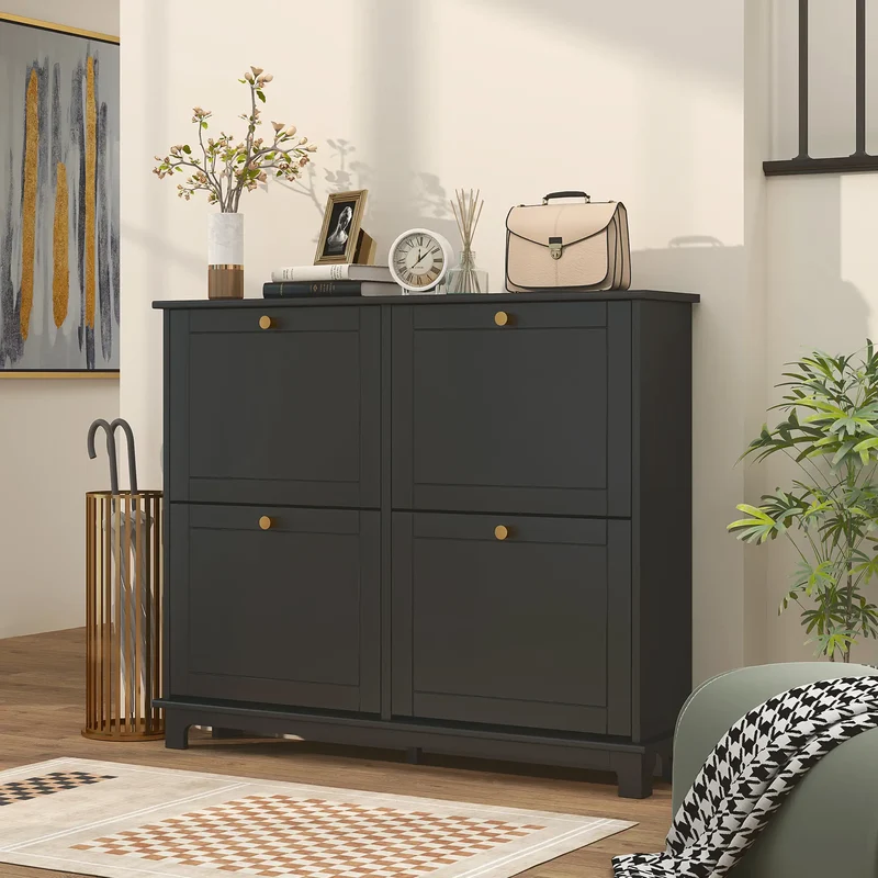 Modern Shoe Storage Cabinet, 4 Flip Drawers, Adjustable Shelves, 5 Legs, Black