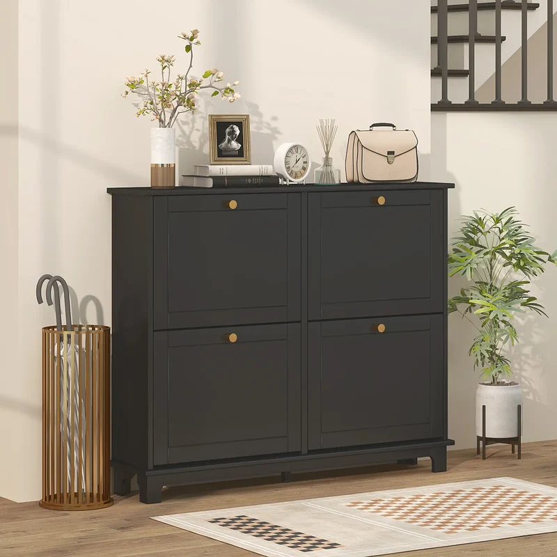 Modern Shoe Storage Cabinet, 4 Flip Drawers, Adjustable Shelves, 5 Legs, Black