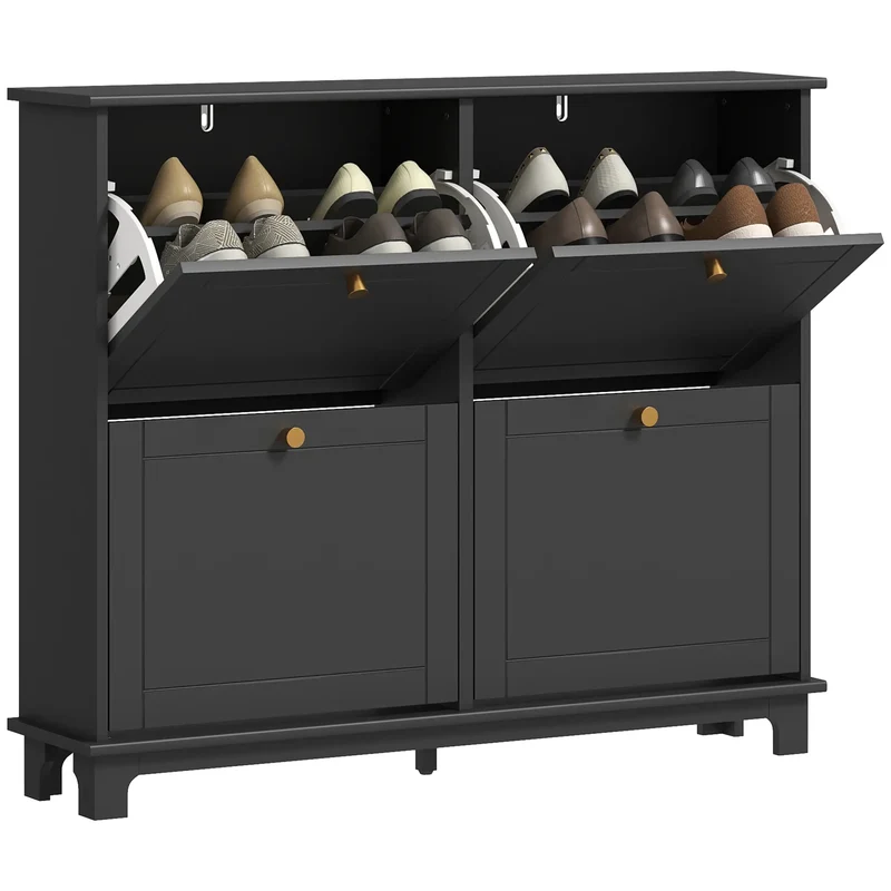 Modern Shoe Storage Cabinet, 4 Flip Drawers, Adjustable Shelves, 5 Legs, Black
